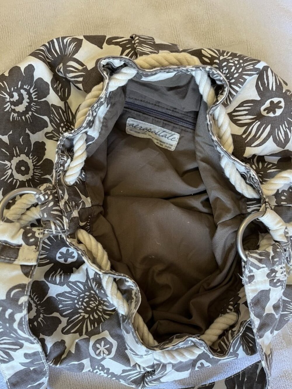 Aeropostale Floral Canvas Drawstring Hobo Shoulder Bag Green White Medium - Picture 8 of 14